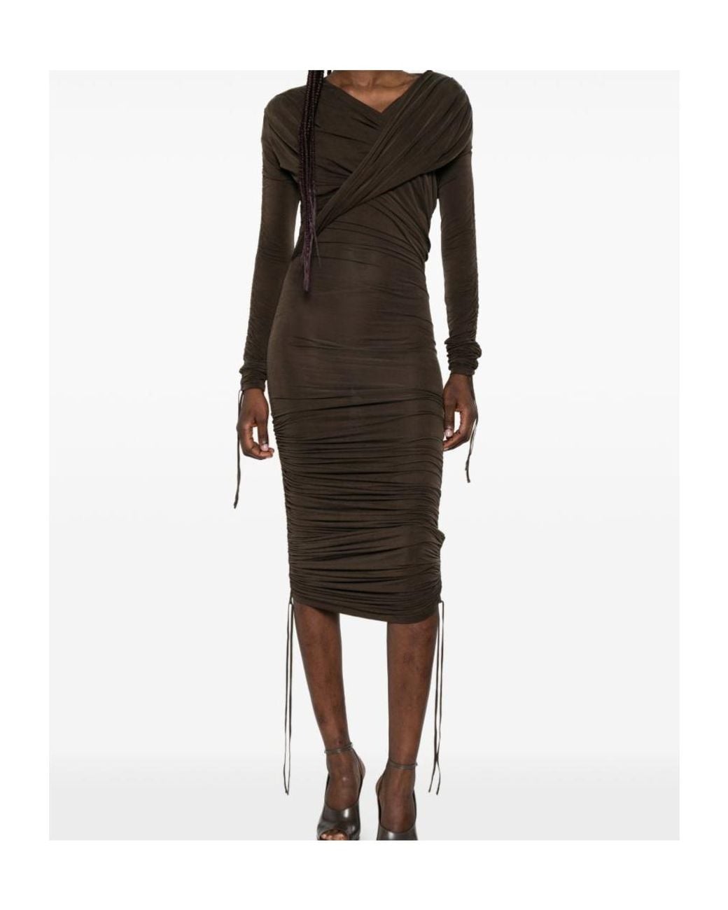 Balmain Brown Draped Ruched Dress