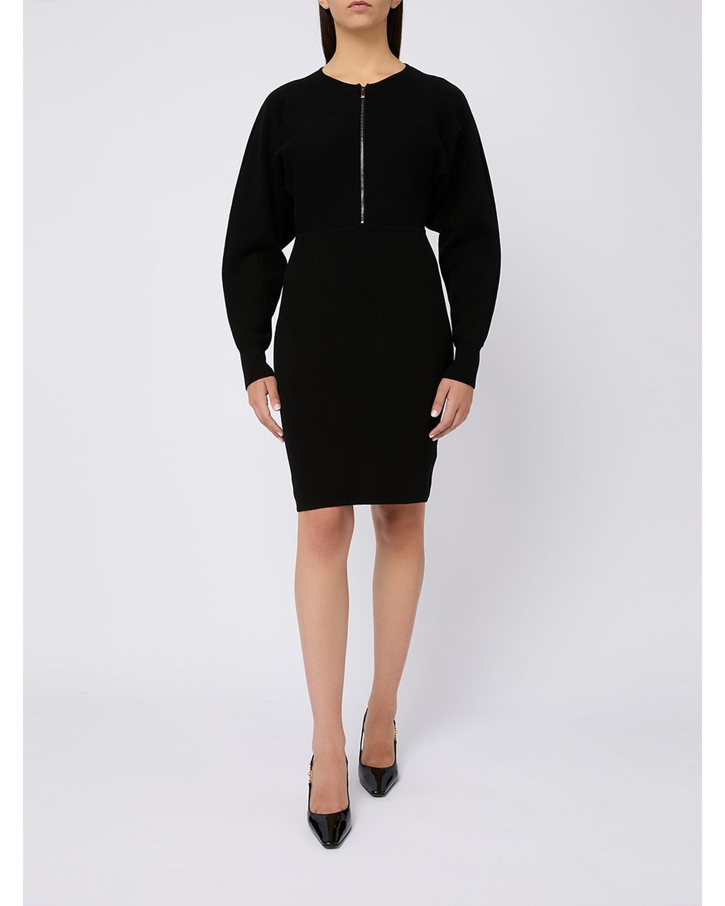 Max Mara Black Studio Zip Detailed Crewneck Long-Sleeved Dress