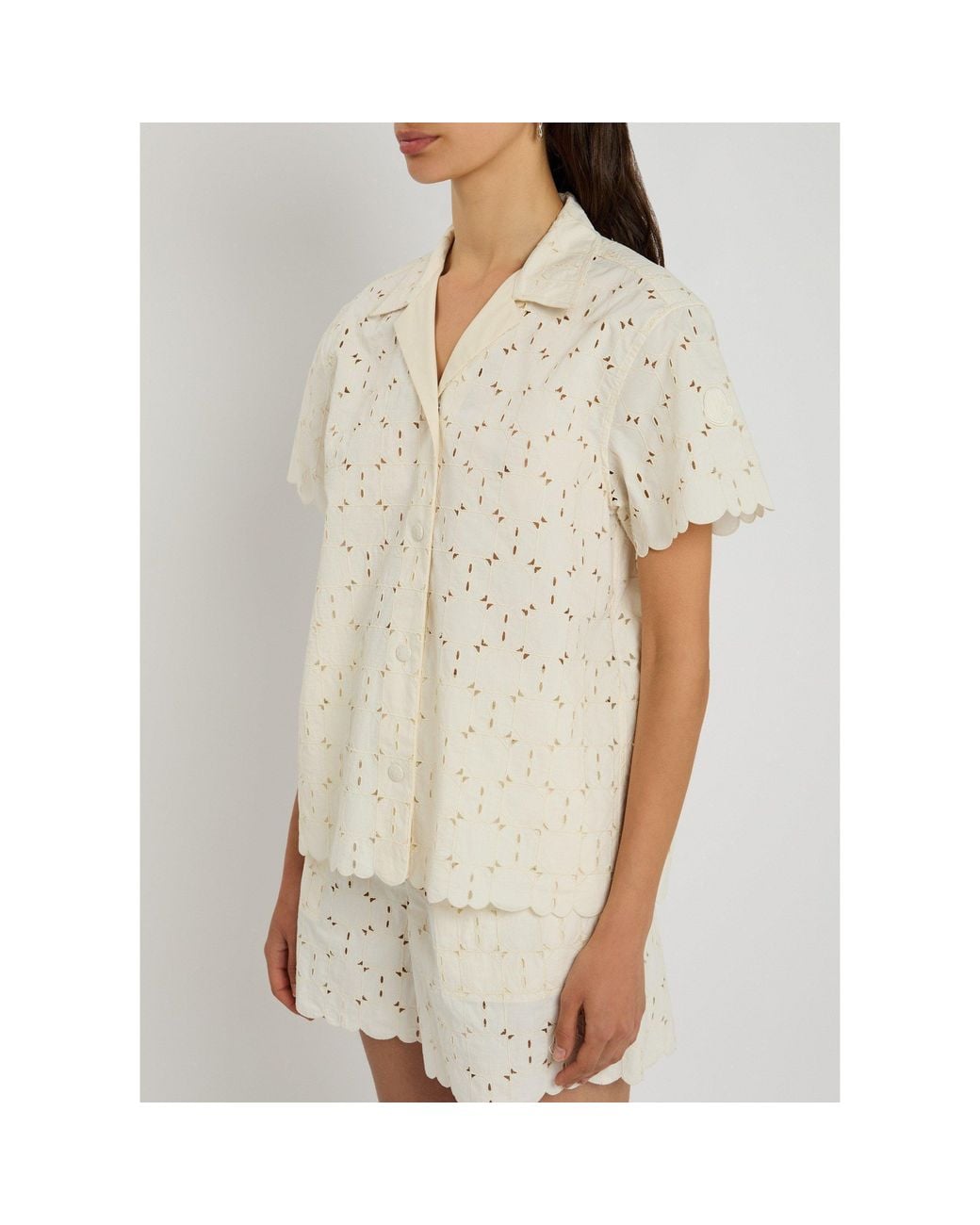 Moncler White Camp Collar Short-Sleeve Blouse