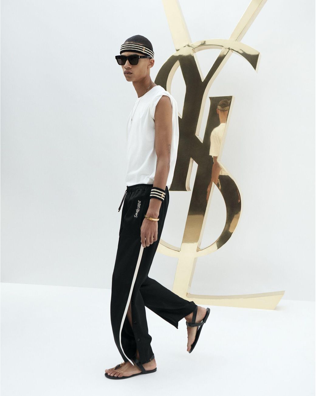 Saint Laurent Black Logo-Embroidered Drawstring Striped Track Pants for men
