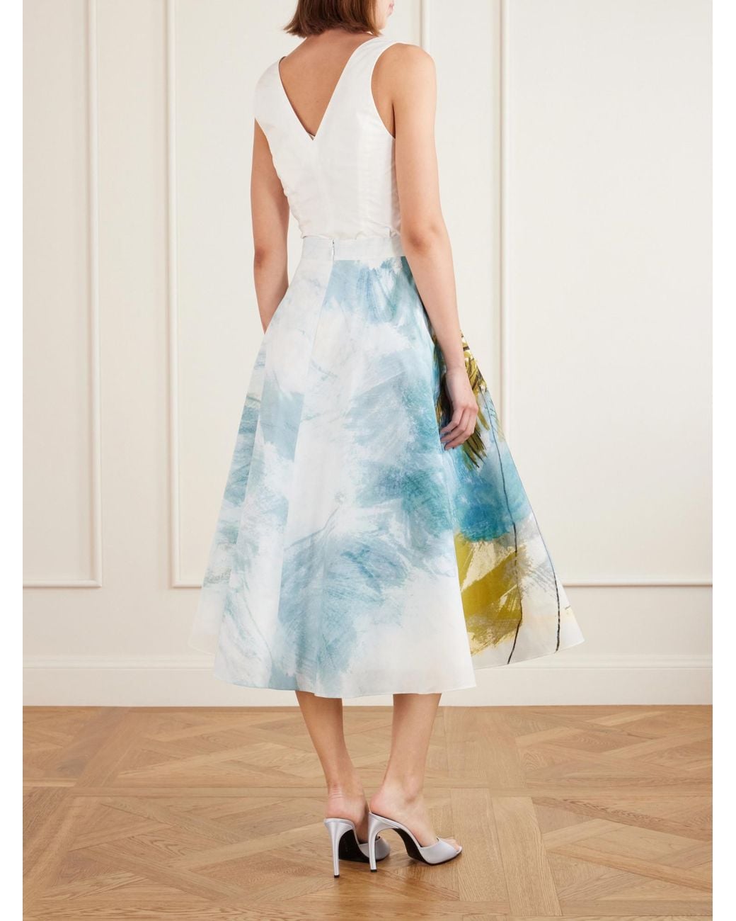 Oscar de la Renta Blue All Over Beach Printed Cotton-Blend Poplin Midi Skirt