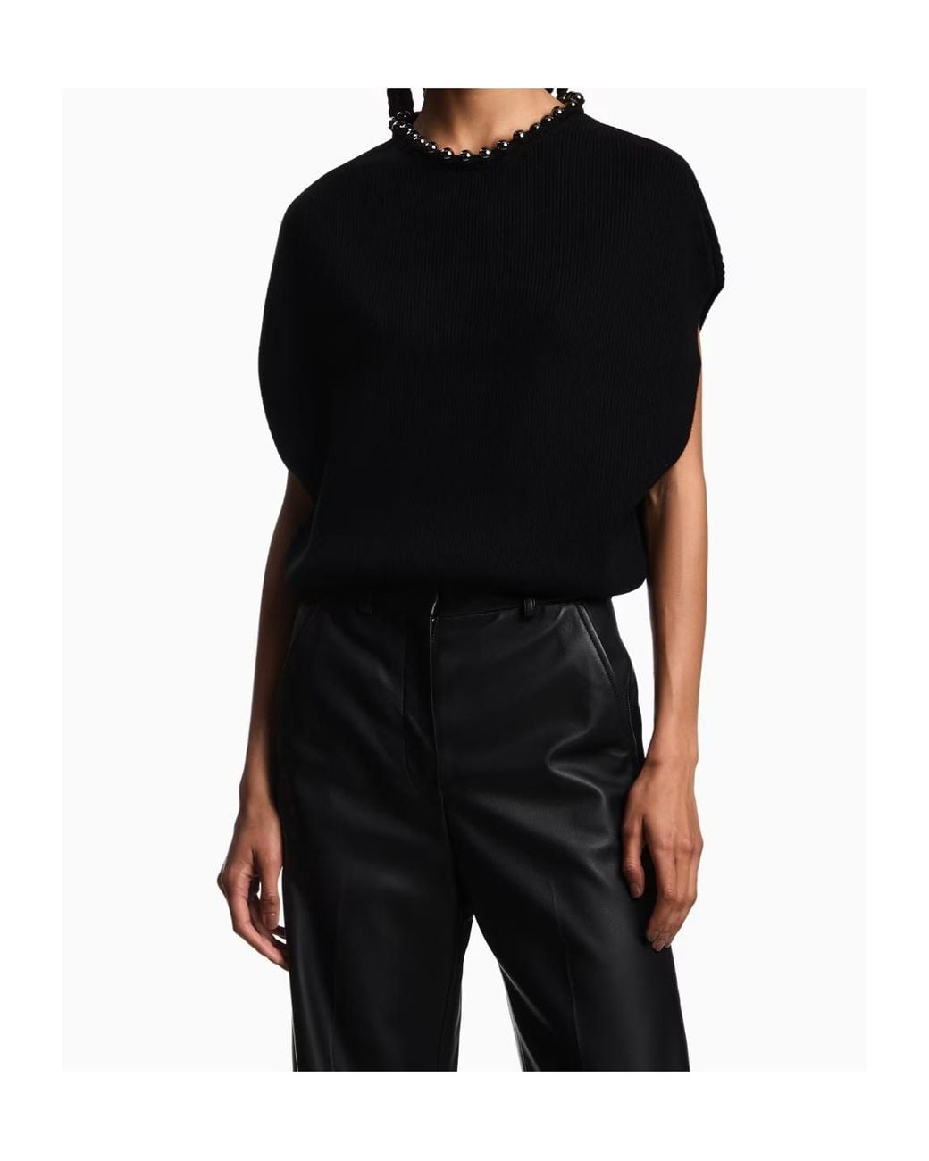 Emporio Armani Black Beaded-Neck Ribbed Sweater