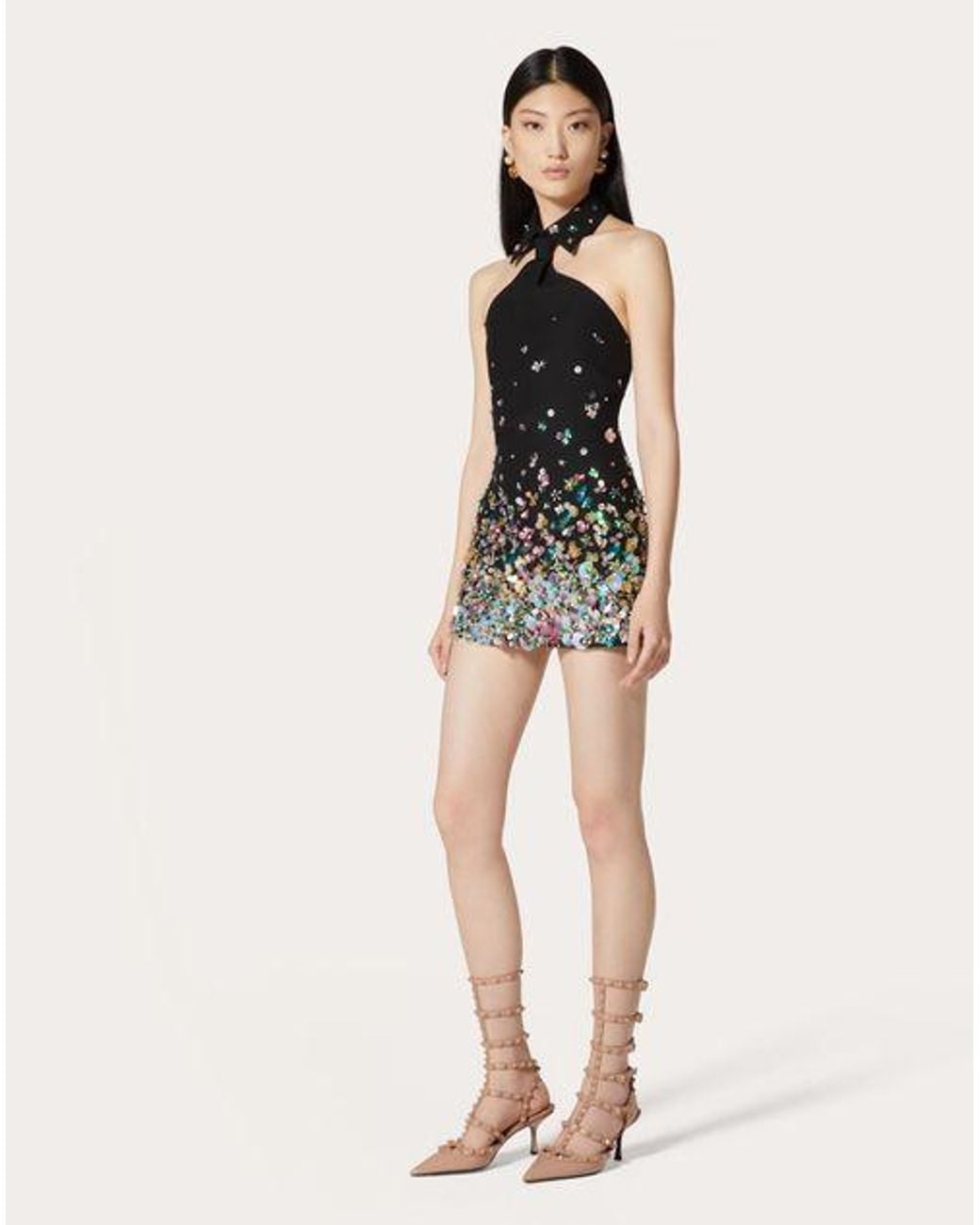 Valentino Black Floral-Embellished Collared Mini Dress