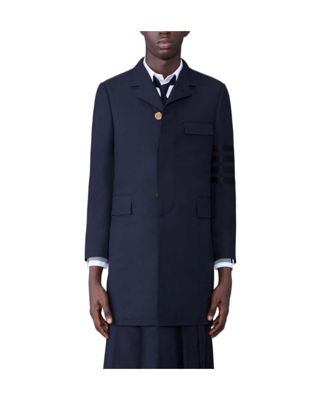 Thom Browne Blue Stripe-Detail Single-Breasted Coat for men