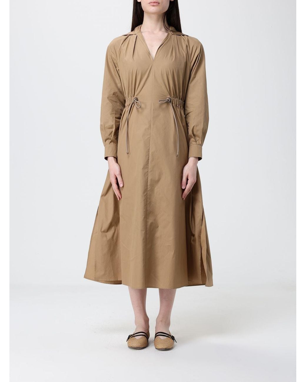 Max Mara Natural Pedaggi Drawstring A-Line Midi Dress