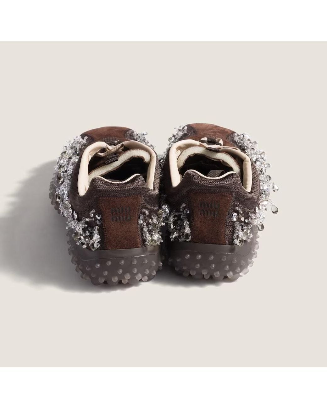 Miu Miu Brown Bubble Embroidered Technical Fabric And Suede Sneakers