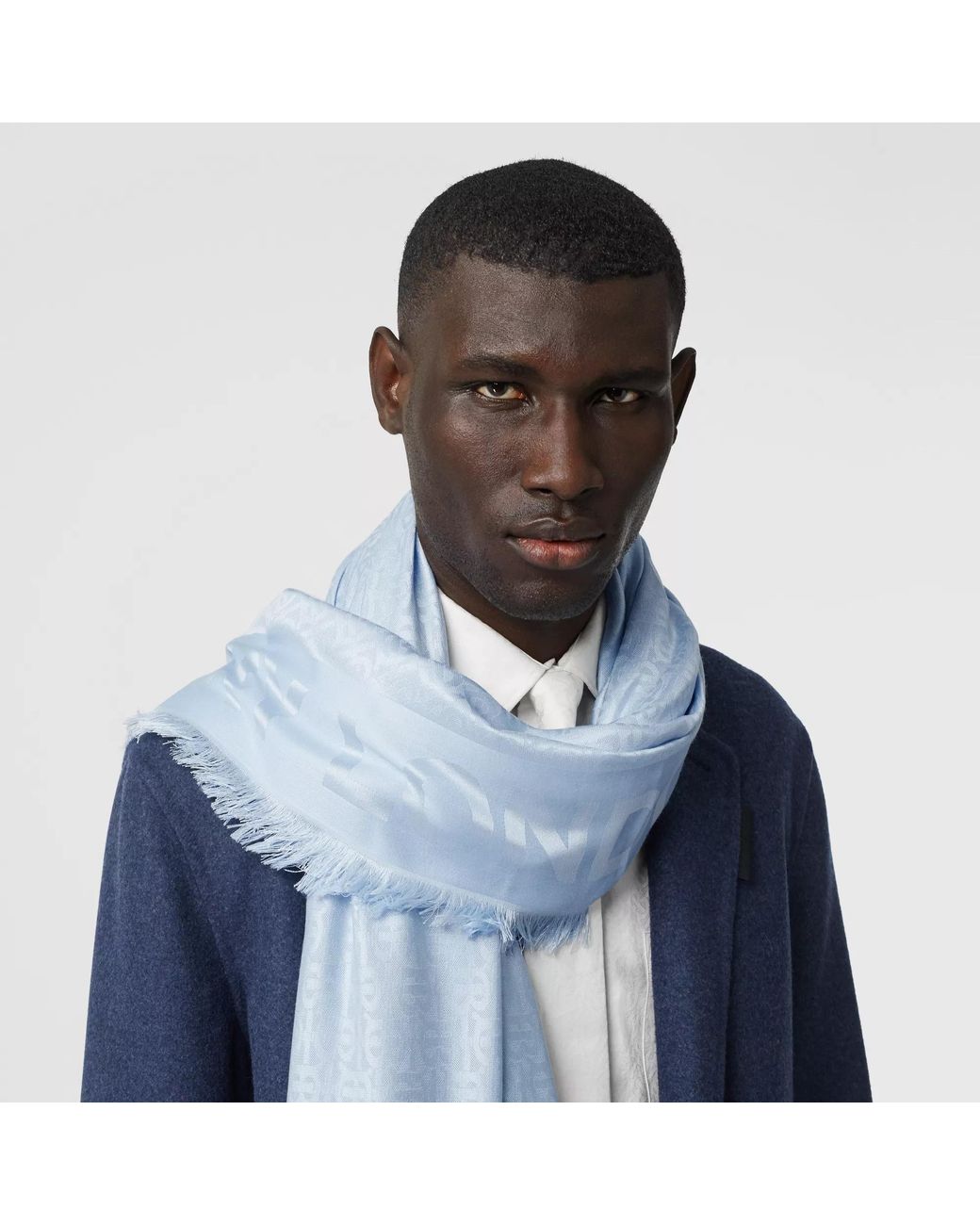 Burberry Blue Silk And Wool Blended Jacquard Scarf for men