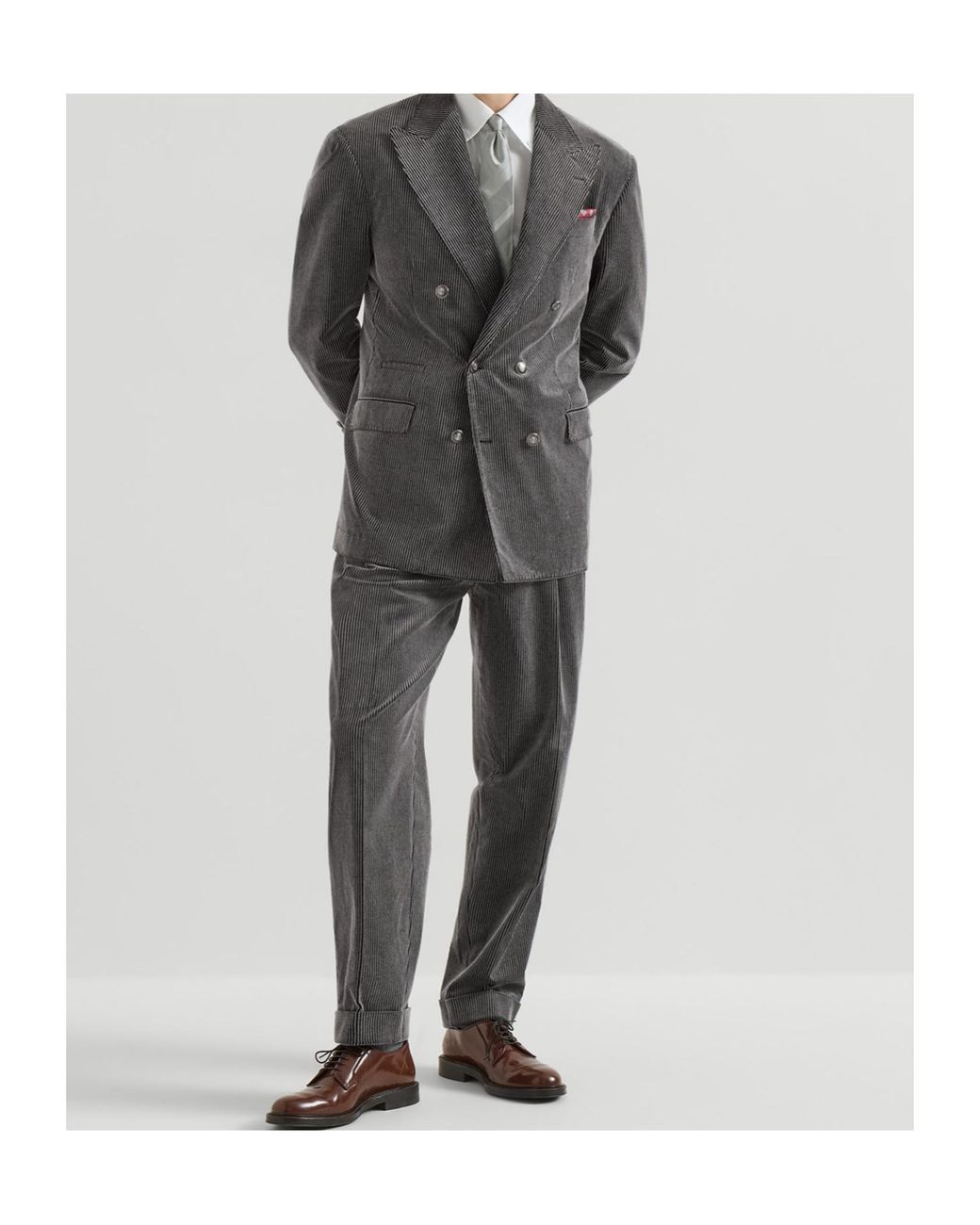 Brunello Cucinelli Gray Frosted Cotton Corduroy Trousers With Double Pleats for men