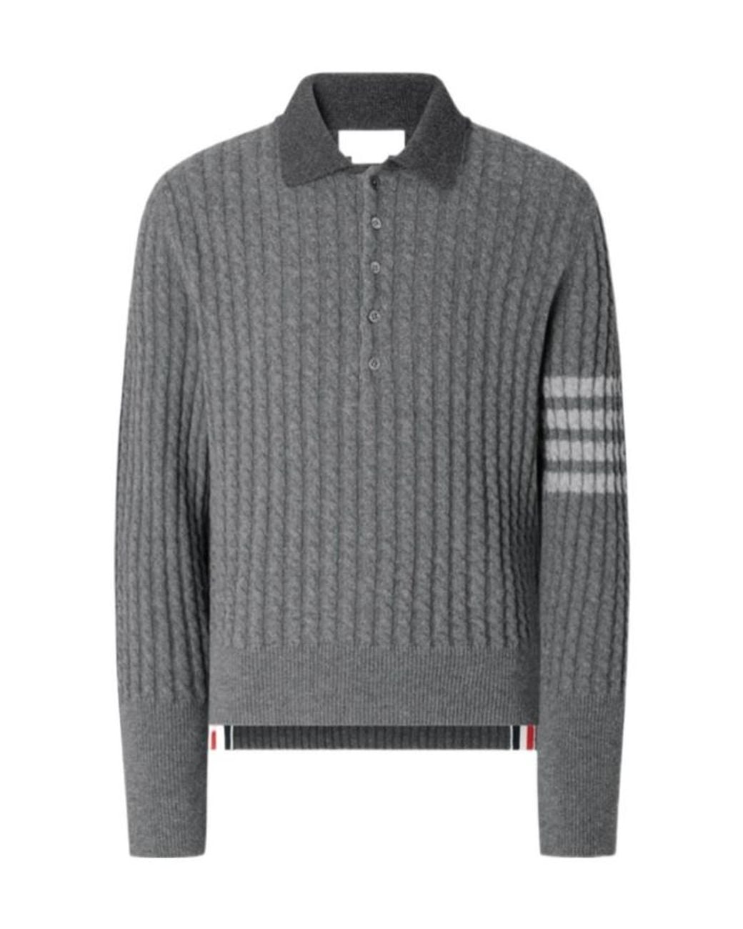 Thom Browne Gray Baby Cable Stitch 4-Bar Long Sleeve Polo Shirt for men