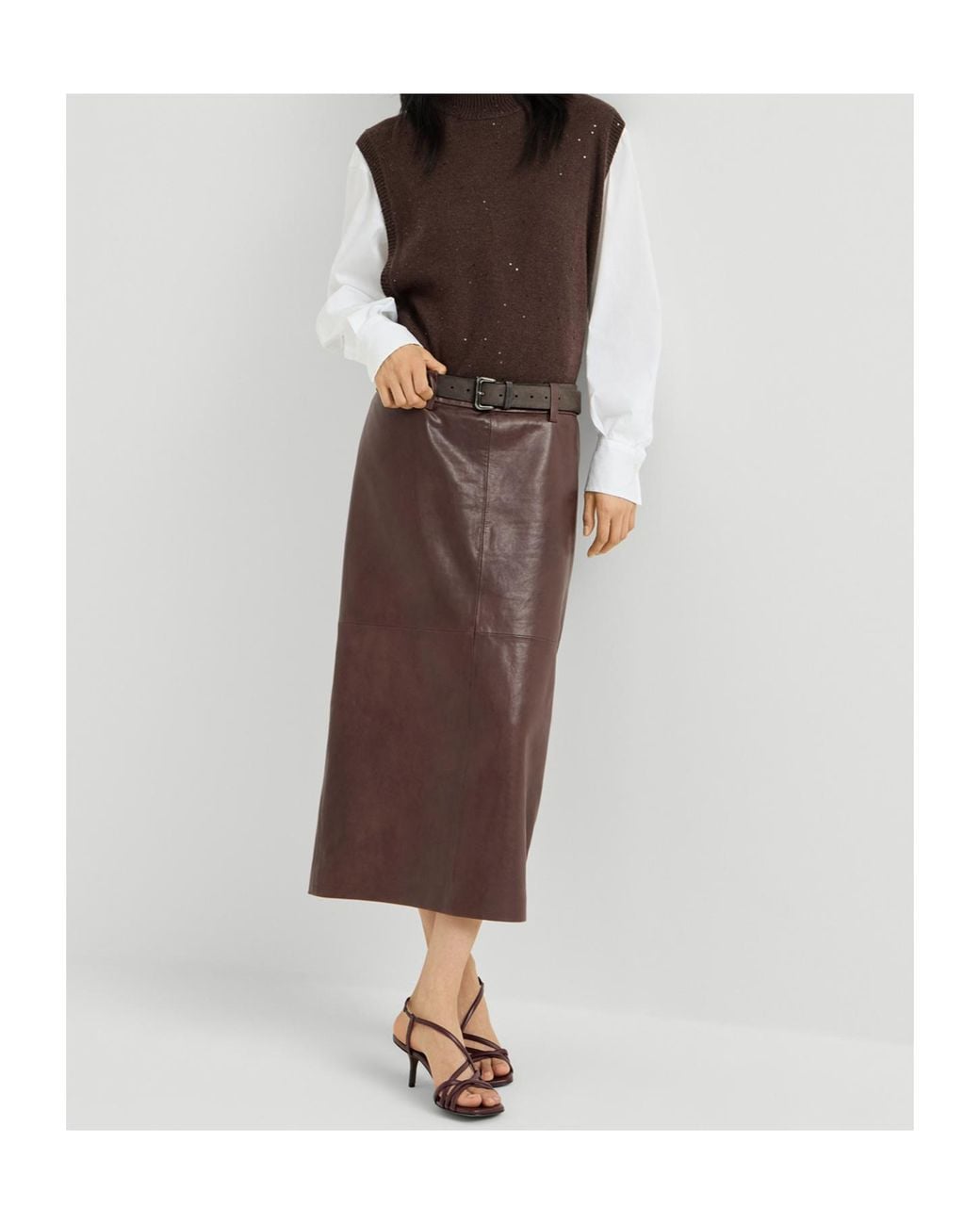 Brunello Cucinelli Brown Polished Nappa Leather Pencil Skirt