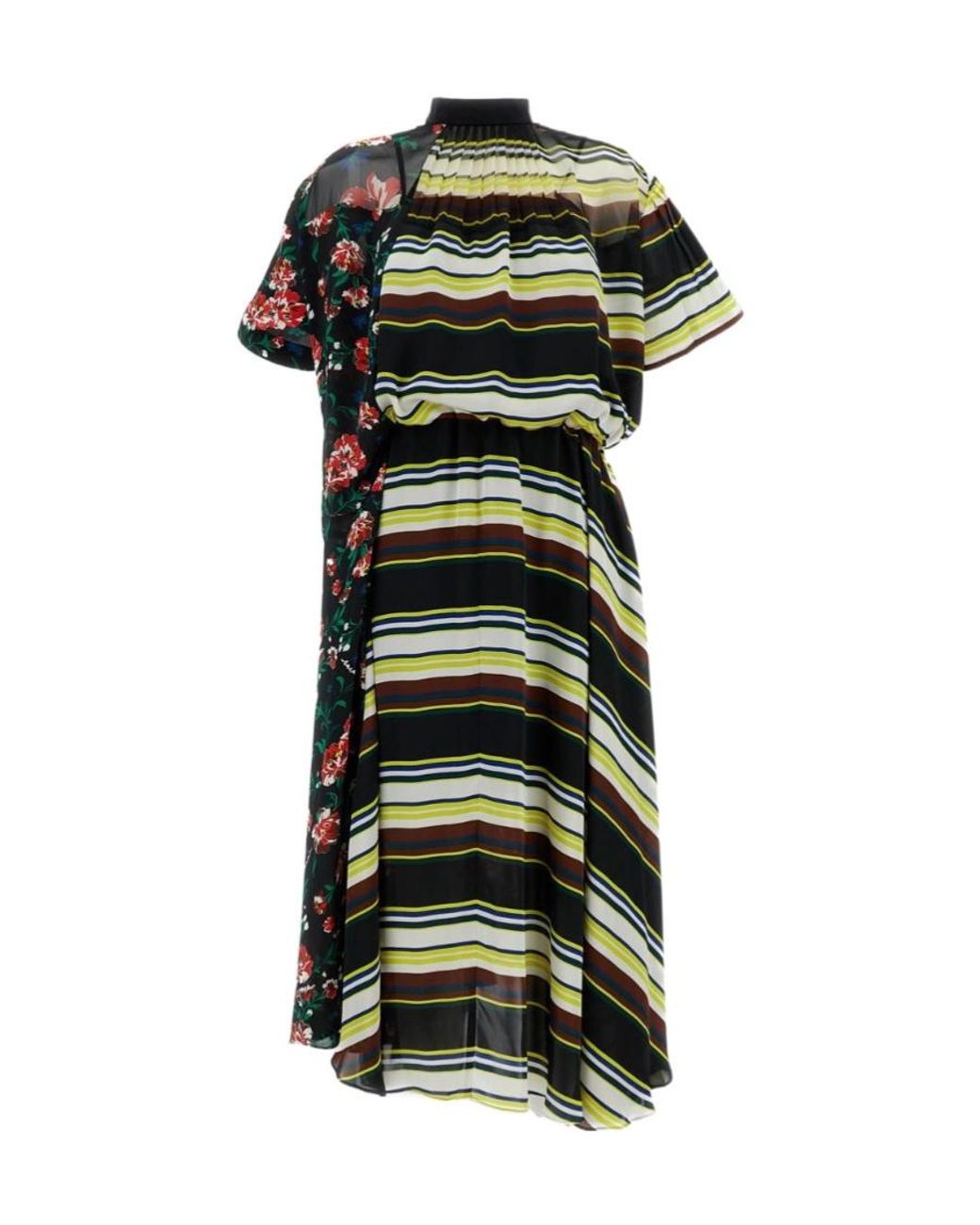 Sacai Green Floral Printed Stripe Detailed Midi Dress