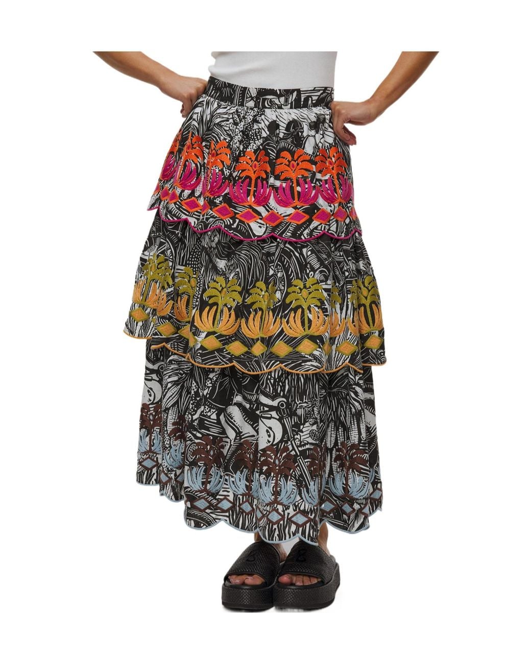 Farm Rio White Ruta Embroidered Ruffled Skirt