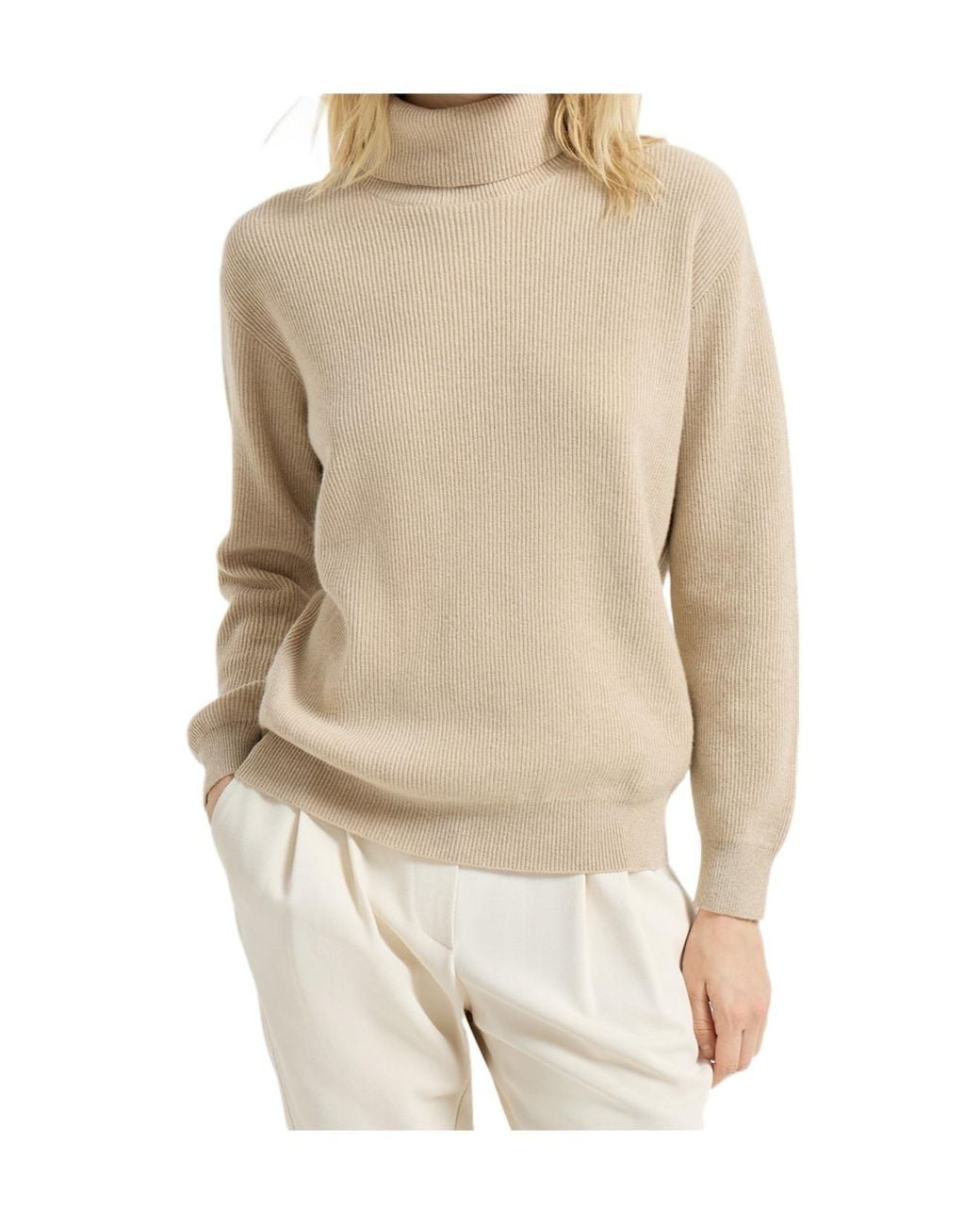 Brunello Cucinelli Natural Cashmere English Rib Knit Turtleneck Sweater
