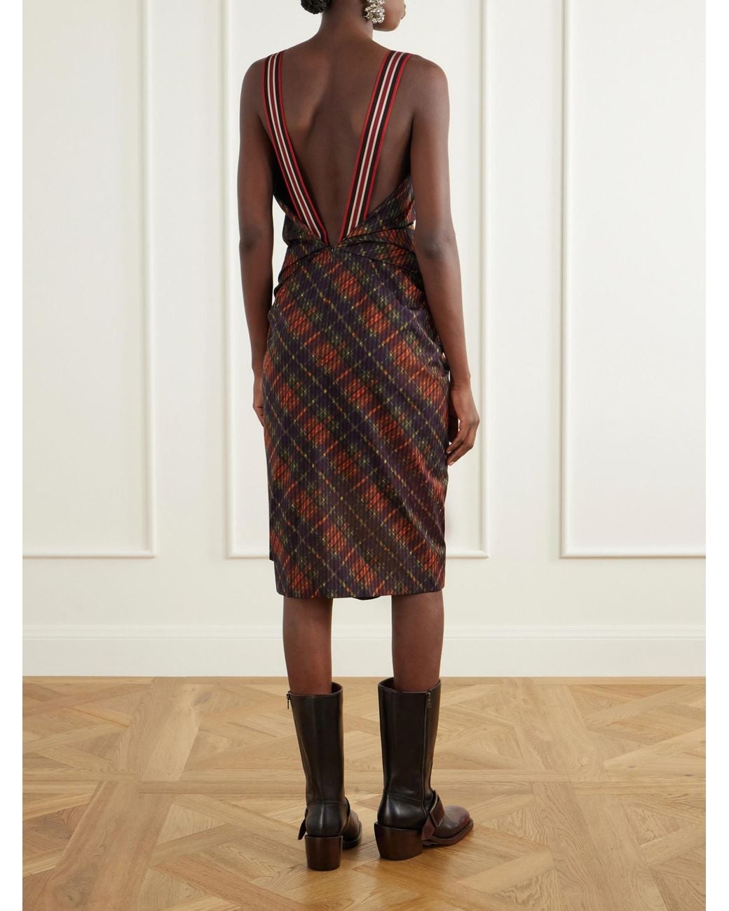 Dries Van Noten Brown Draped Gingham Dress
