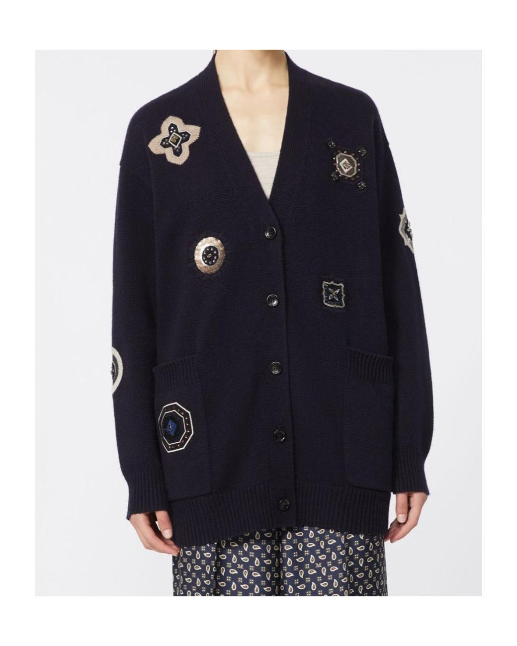 Max Mara Black Wool-Cashmere Patch Cardigan