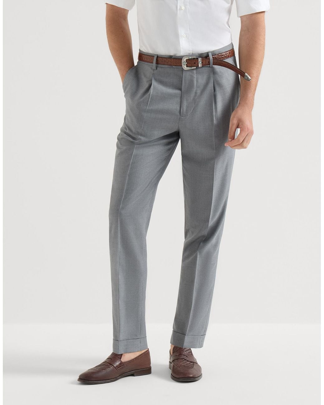 Brunello Cucinelli Gray Virgin Wool And Silk Lightweight Hopsack Trousers With Pleat for men
