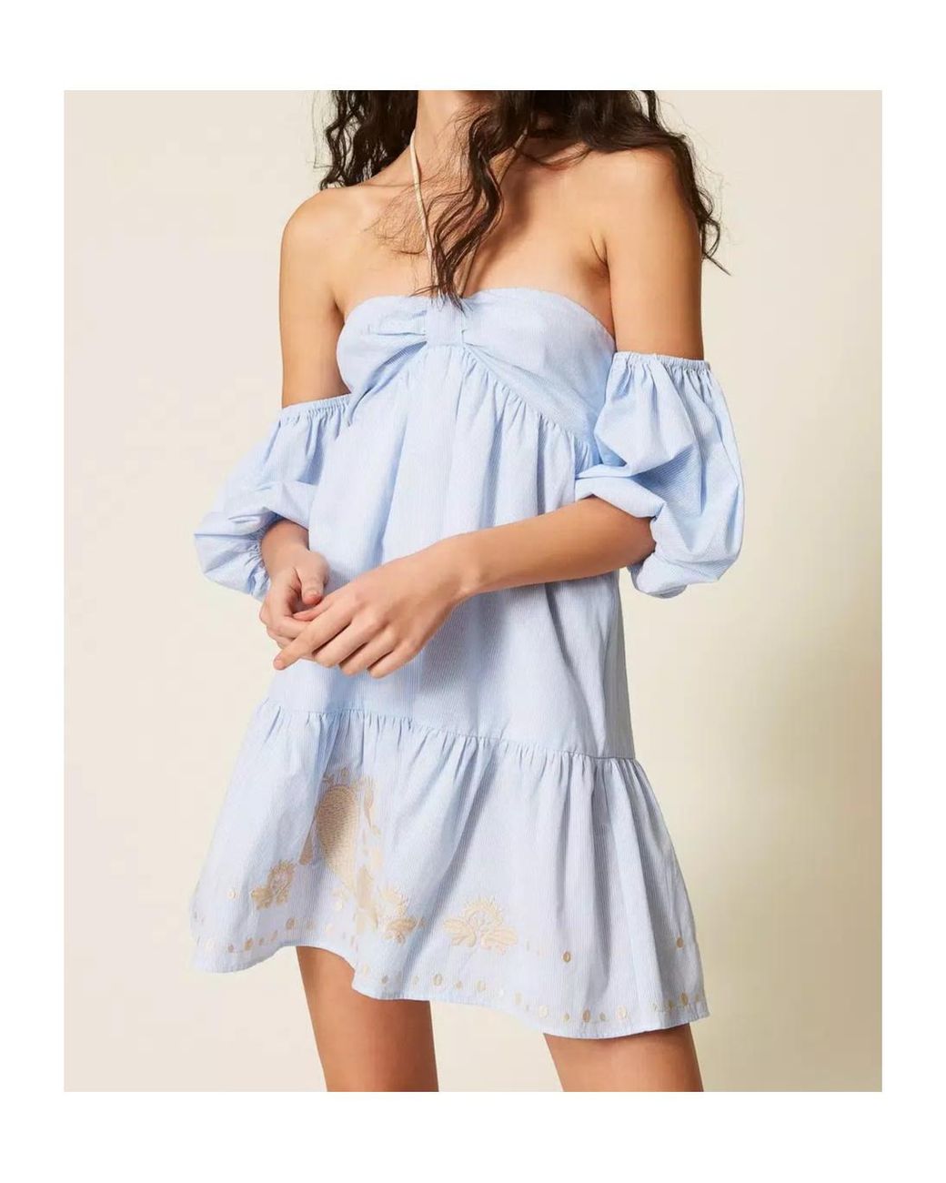 Twinset Blue Pinstripe Off-Shoulder Dress
