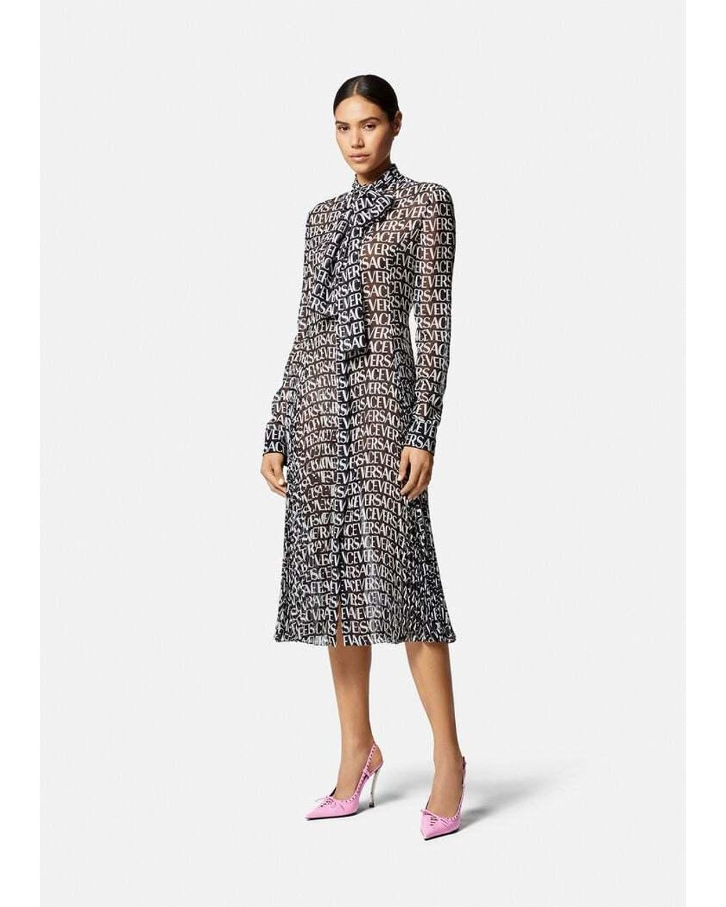 Versace Gray Logo Print Sheer Midi Dress
