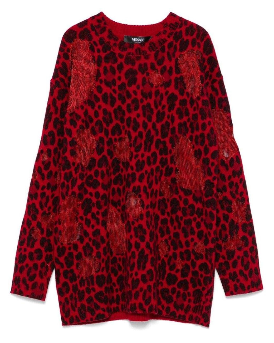 Versace Red Wool Sweater With Leopard Print