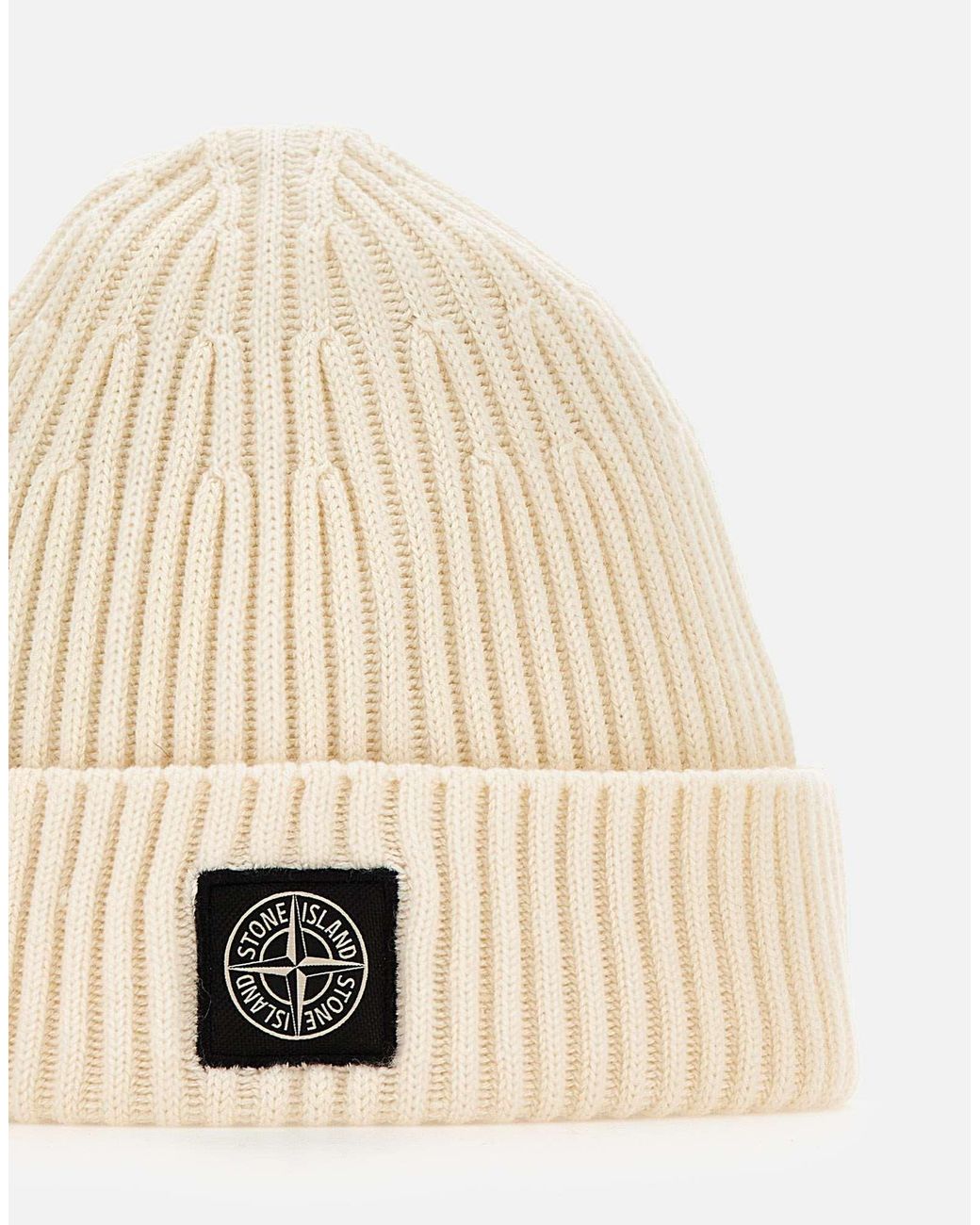 Stone Island Natural Compass Patch Ribbed Beanie for men