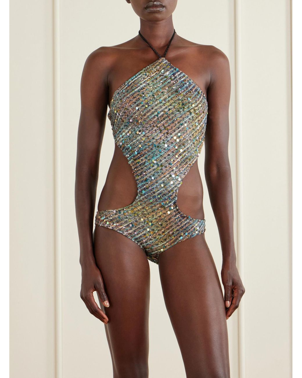 Missoni Gray Cut-Out Sequin-Embellished Striped Metallic Halterneck Swimsuit