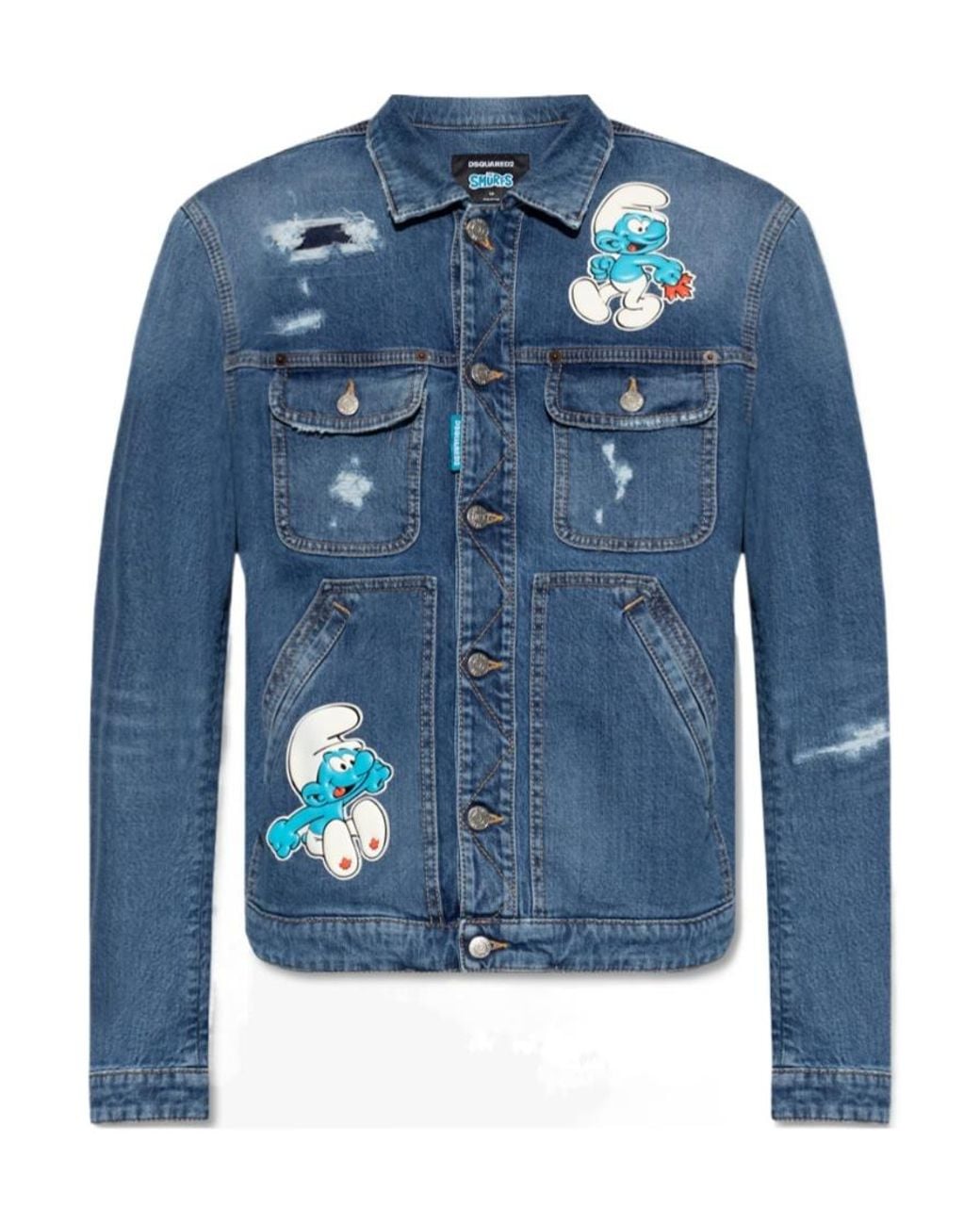 DSquared² Blue The Smurfs Distressed-Effect Denim Jacket for men