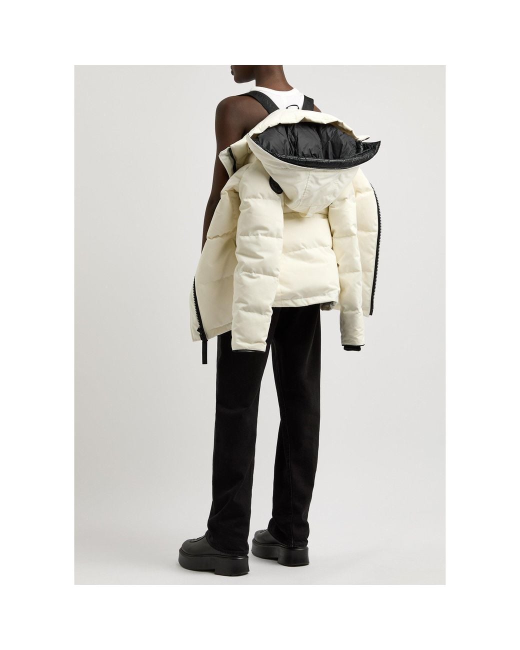 Canada Goose White Hooded, Waist-Cinched Down Jacket