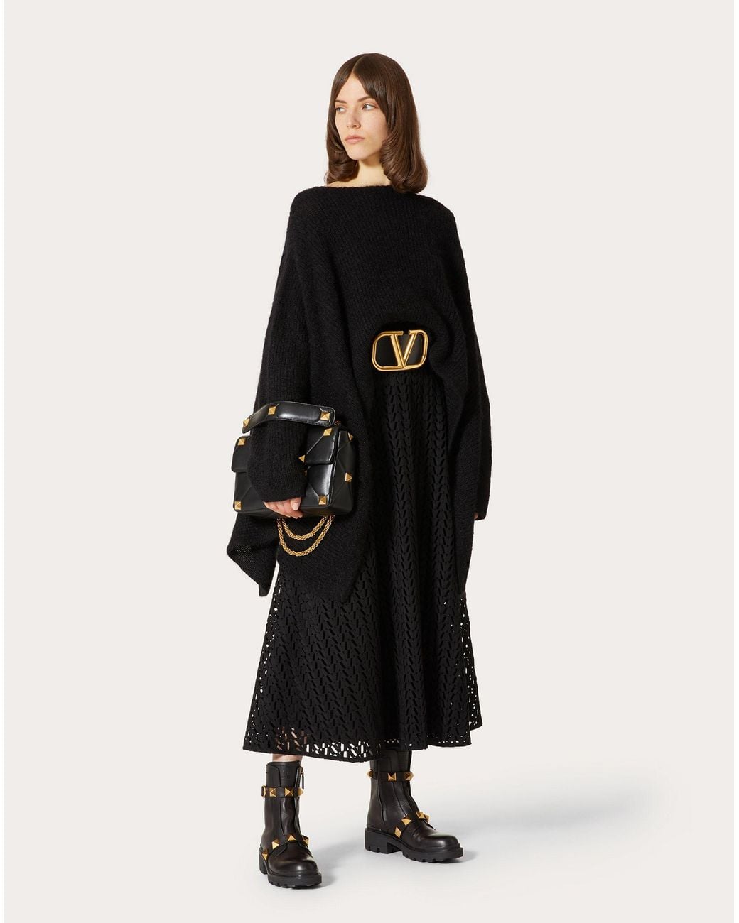 Valentino Black Optical V-Logo Cut-Out A-Line Midi Skirt