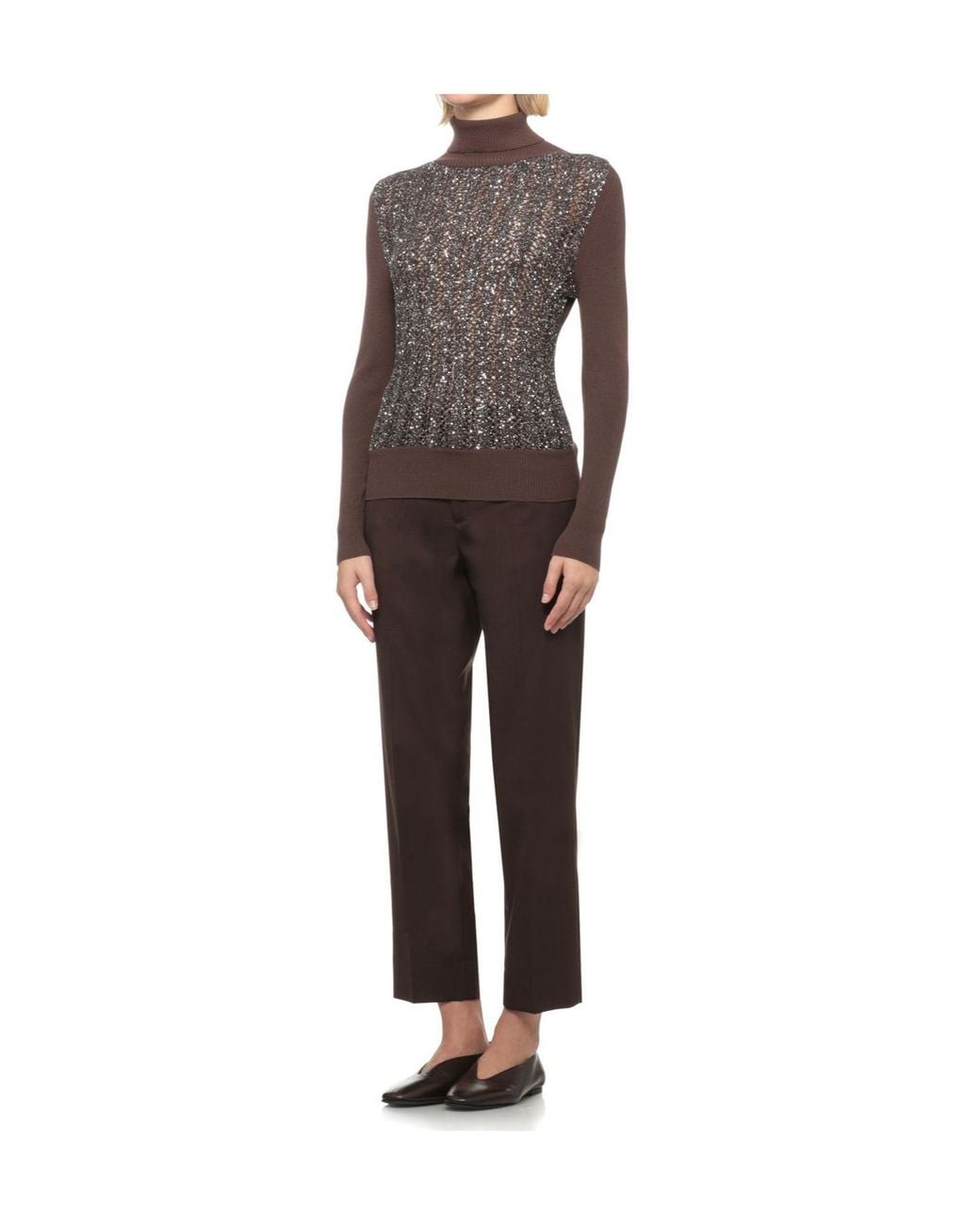 D.exterior Brown Sequined Turtleneck Knitted Sweater