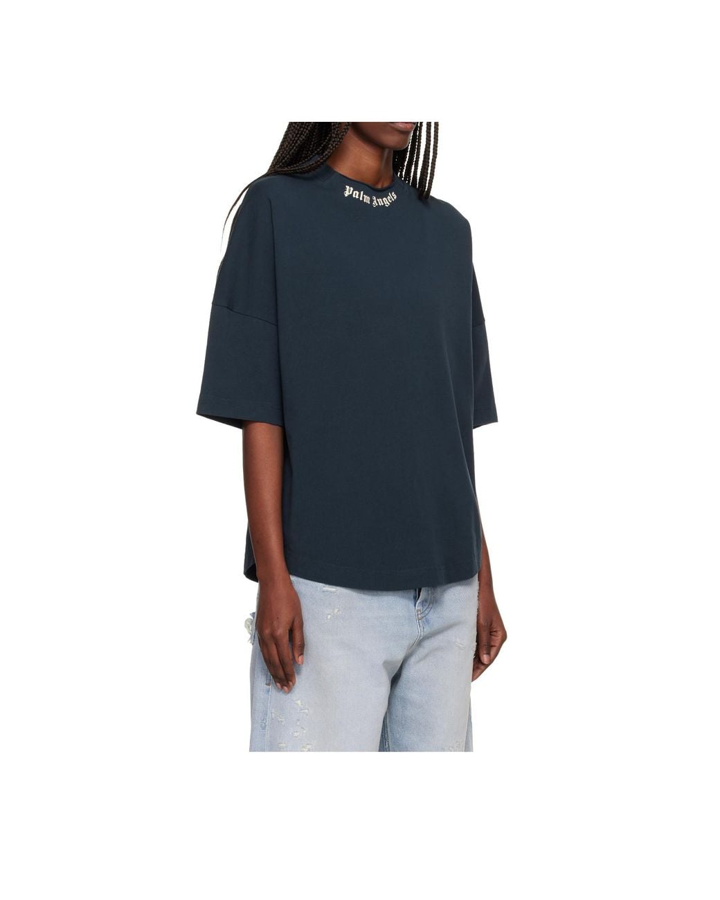 Palm Angels Blue Curved Logo Collar Over Tee Dark