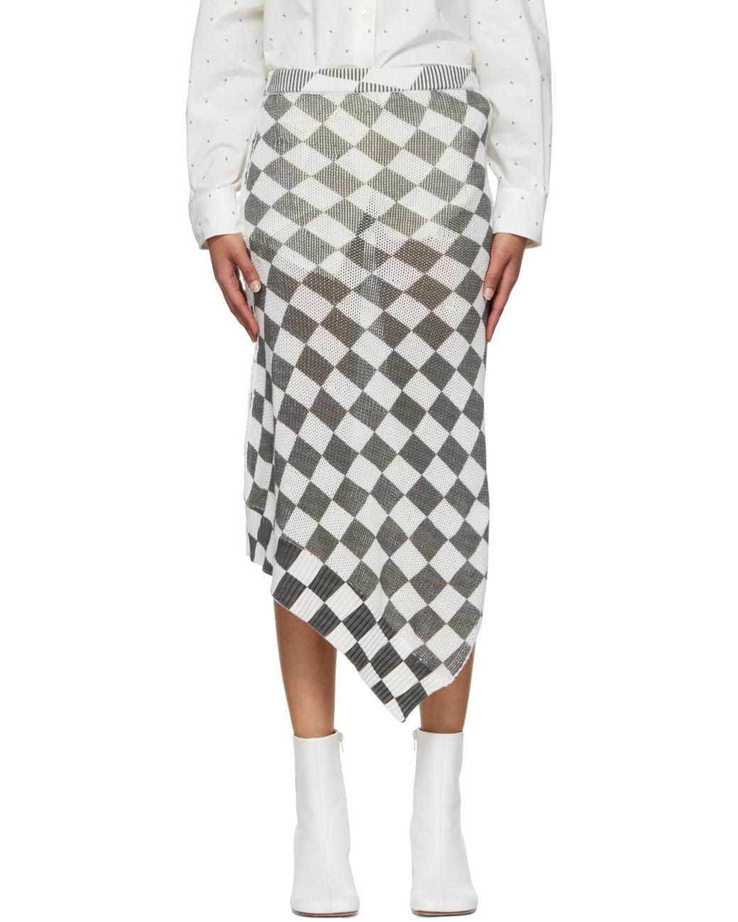 MM6 by Maison Margiela White Checkerboard-Pattern Asymmetric Skirt