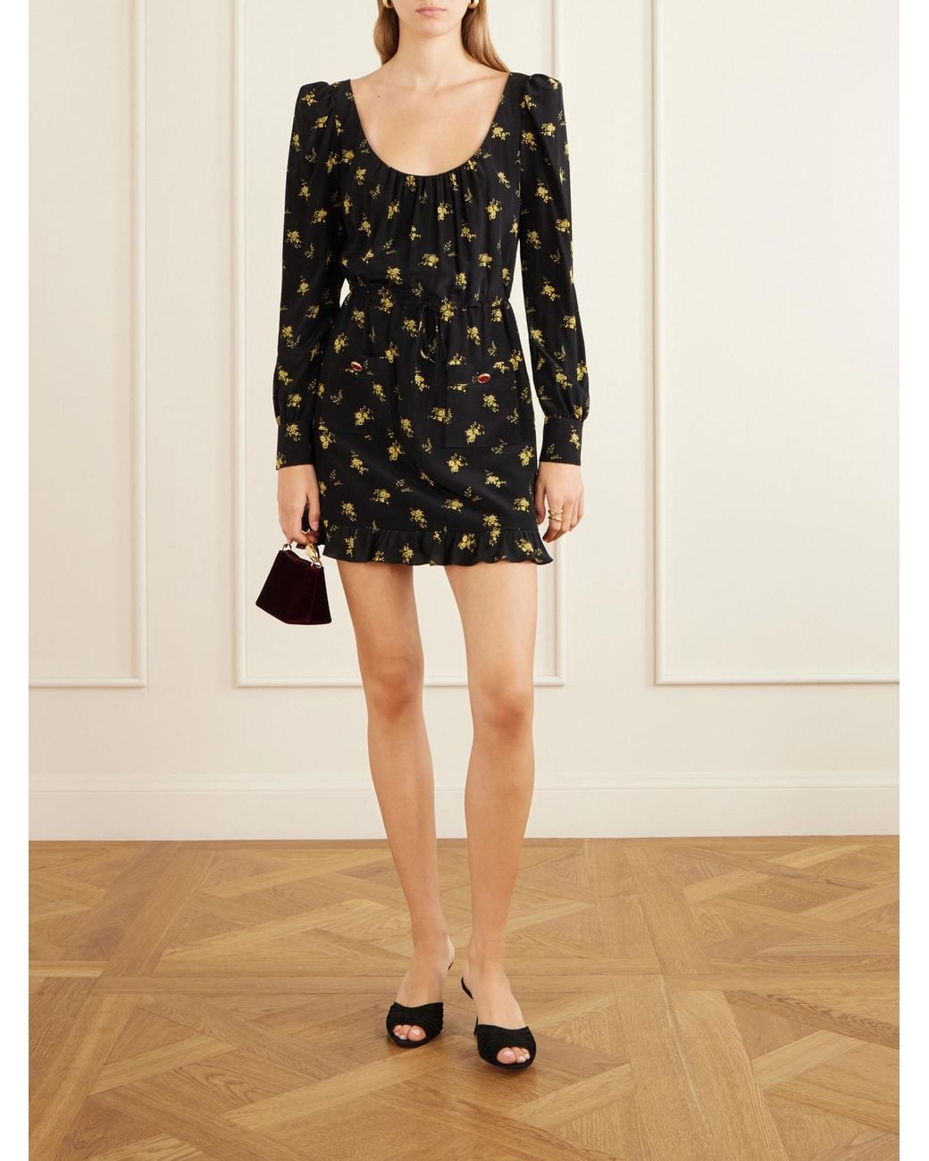 Alessandra Rich Black Ruffled Floral-Print Crepe Mini Dress