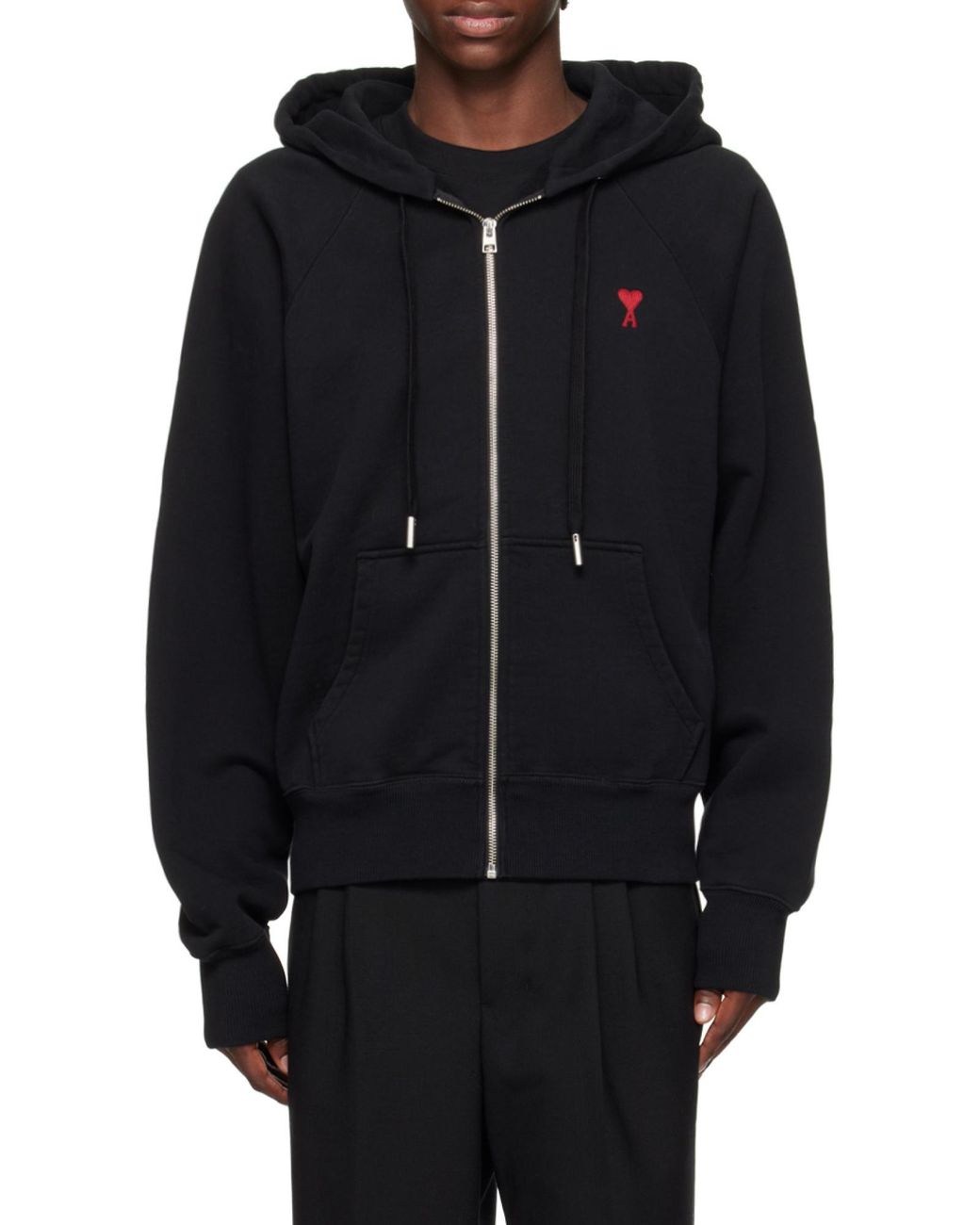 AMI Black Ami De Coeur Logo Embroidered Zip-Up Hoodie for men