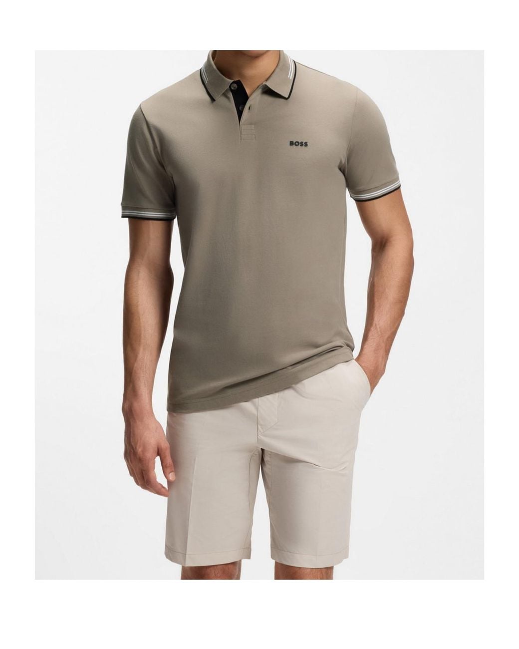 Boss Gray Tipped Collar Stretch Polo Shirt for men