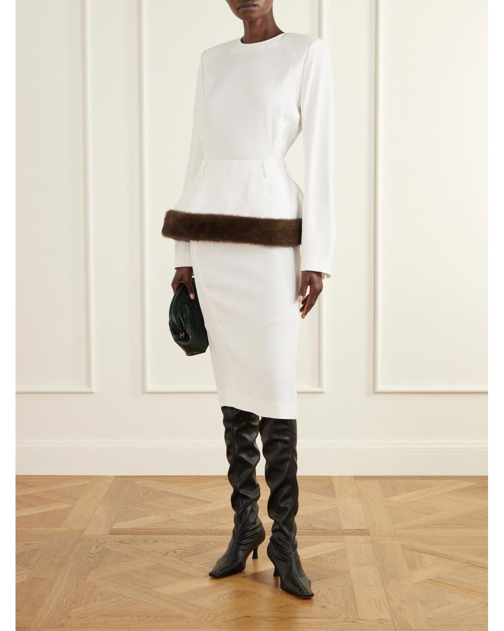 Stella McCartney White Faux-Fur Trim Peplum Midi Dress