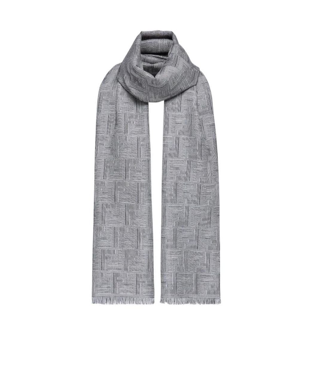Fendi Gray Monogrammed Fringed Edge Scarf for men
