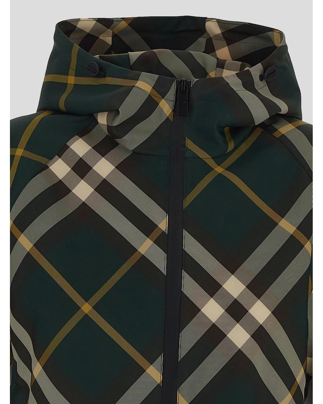 Burberry Green Check-Pattern Zip-Up Hooded Cropped Jacket