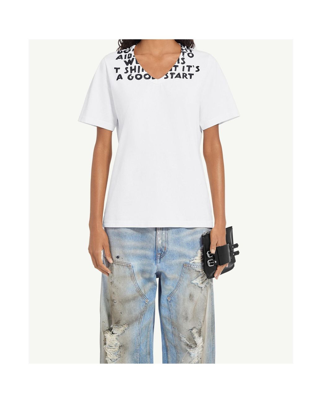 MM6 by Maison Margiela White V-Neck Sida T-Shirt