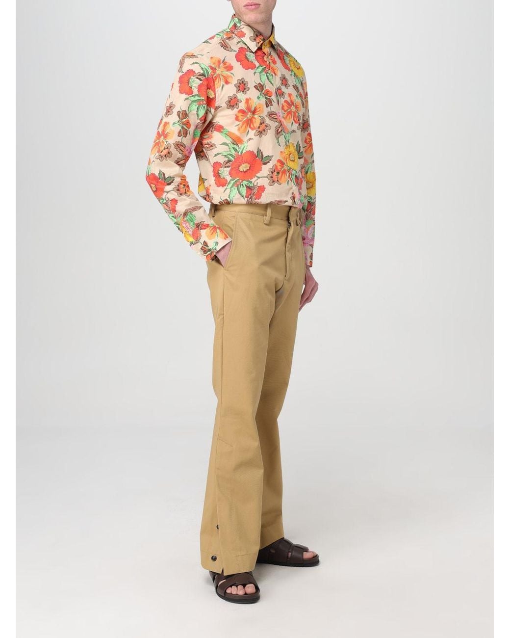 Etro Orange Allover Floral Print Long-Sleeved Shirt for men