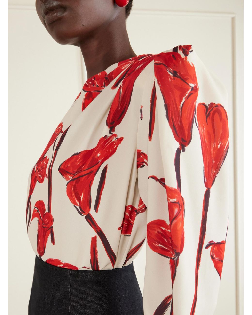 Carolina Herrera Red Floral-Print Cady Blouse