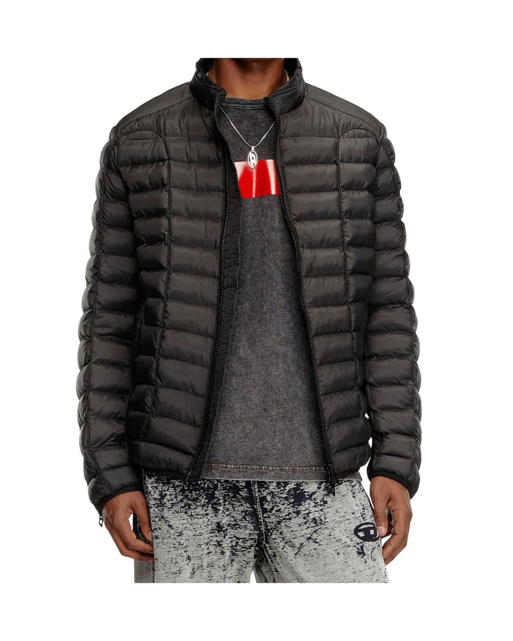 DIESEL Black Quilted Mock Neck Jacket for men