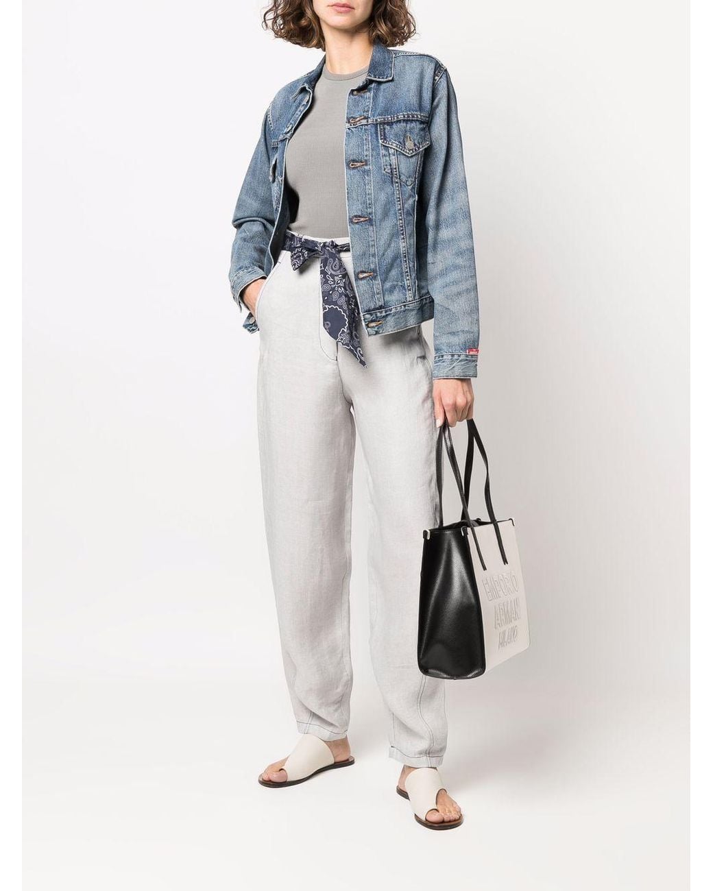 Emporio Armani White Logo Headscarf With Belt High-Waisted Linen Casual Pants