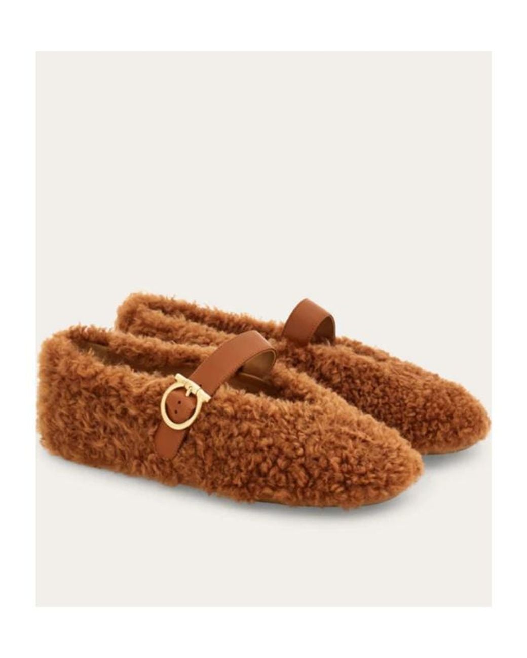 Ferragamo Brown Ferragamo Shearling Buckled Slip-On Ballet Flats