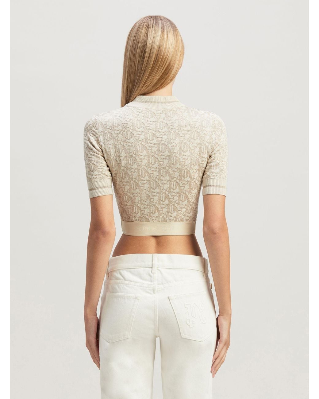 Palm Angels White Monogram-Jacquard Knitted Cropped Top