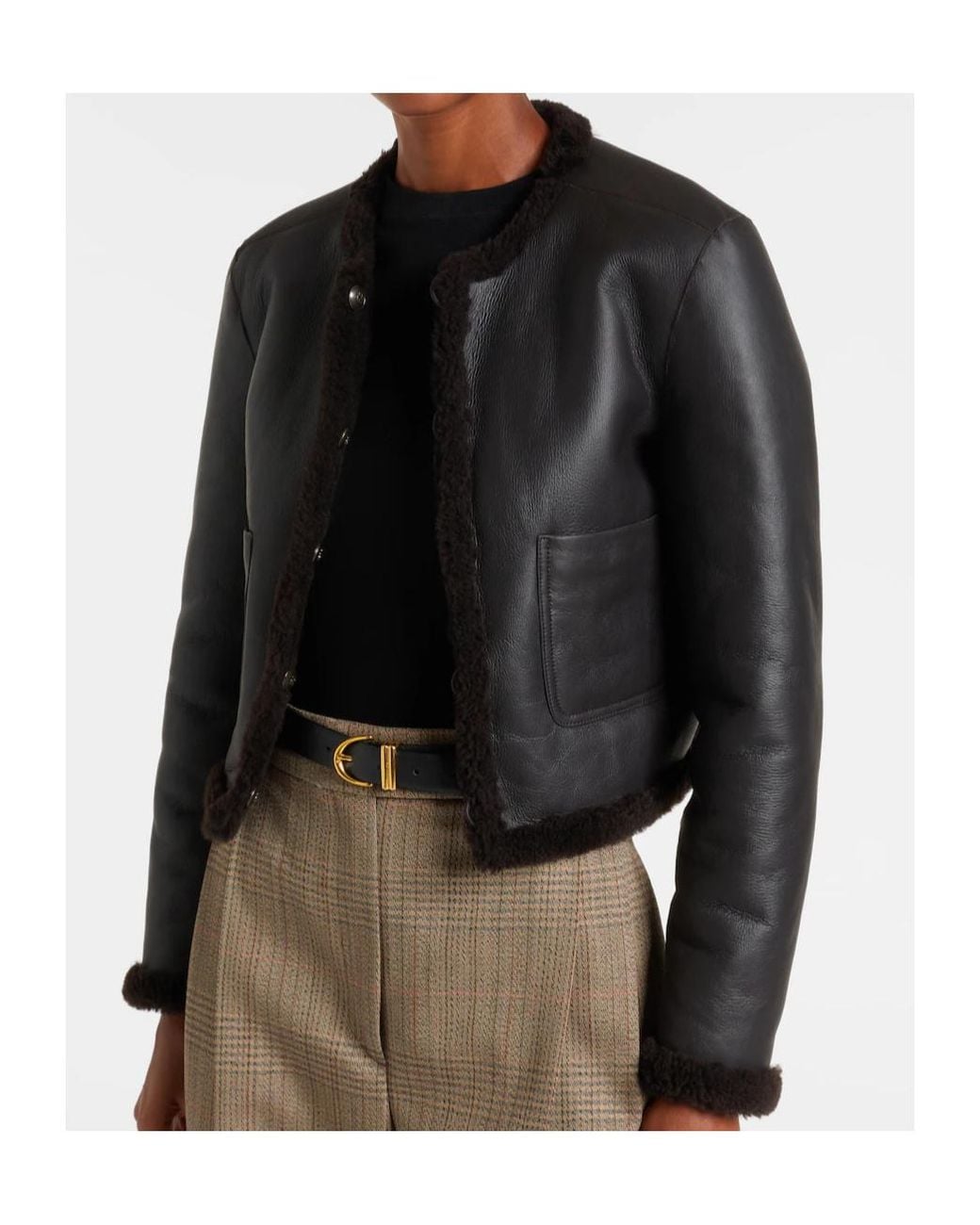 Dorothee Schumacher Black Crew Neck Long Sleeve Leather Jacket