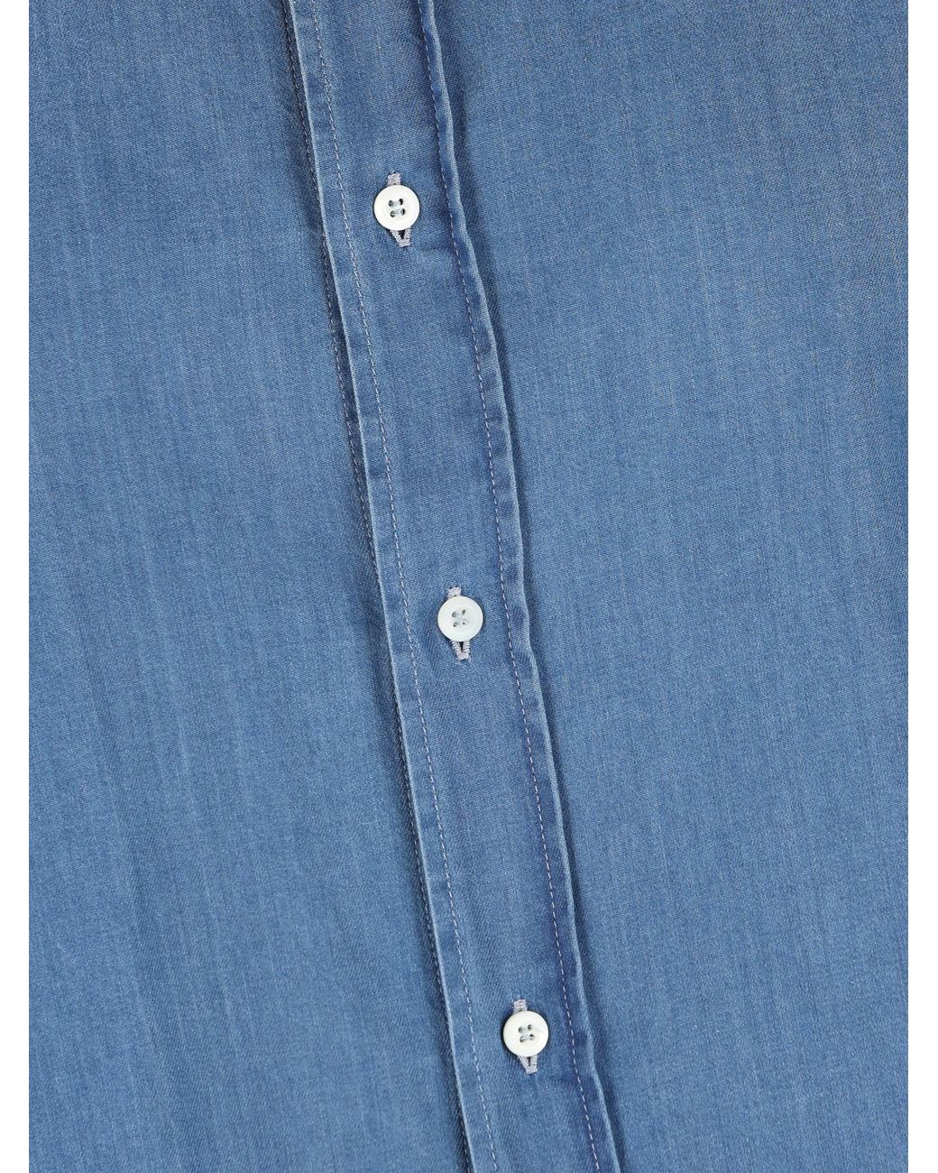 Brunello Cucinelli Blue Curved Hem Buttoned Denim Shirt for men