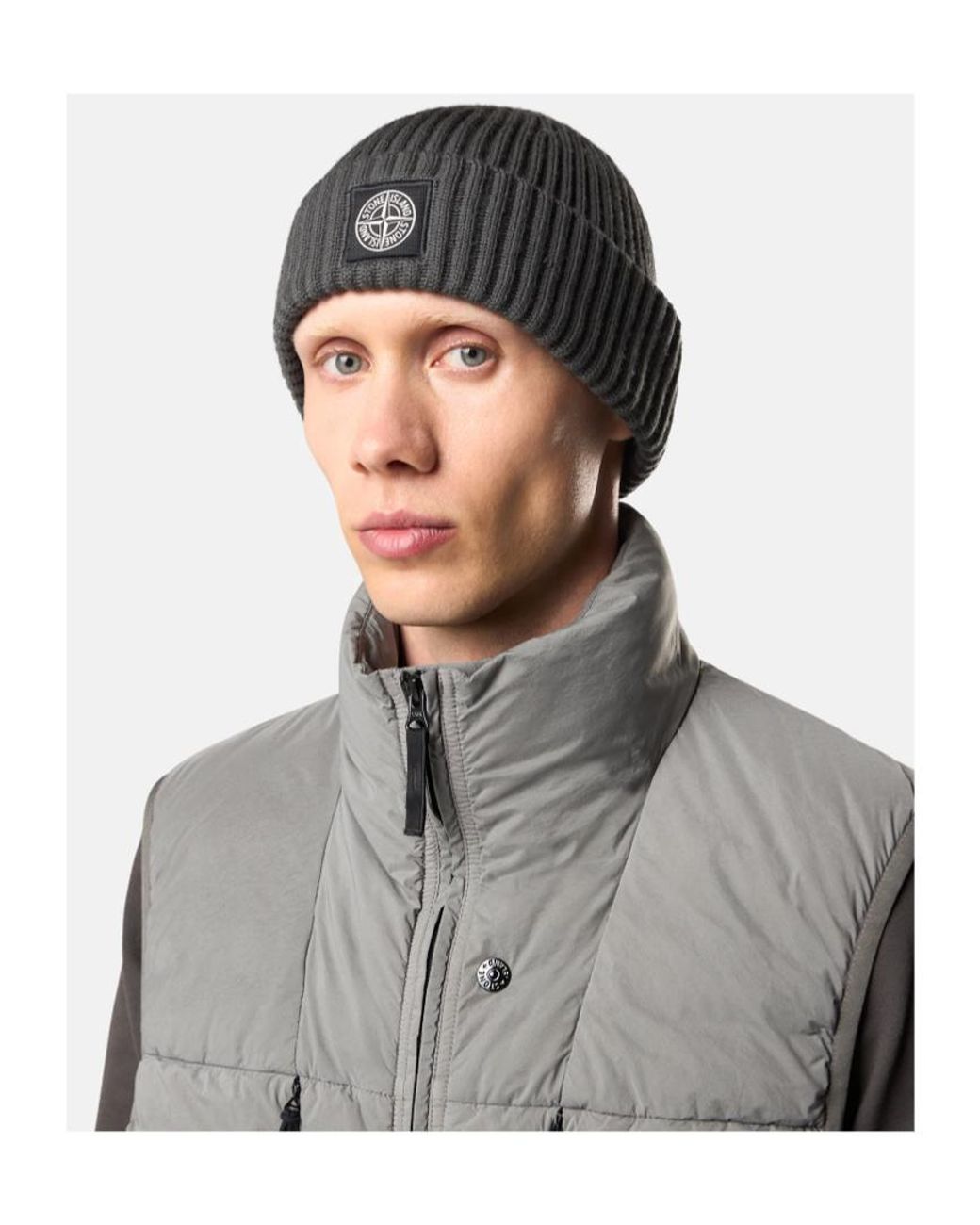 Stone Island Gray Compass-Patch Ribbed Beanie for men