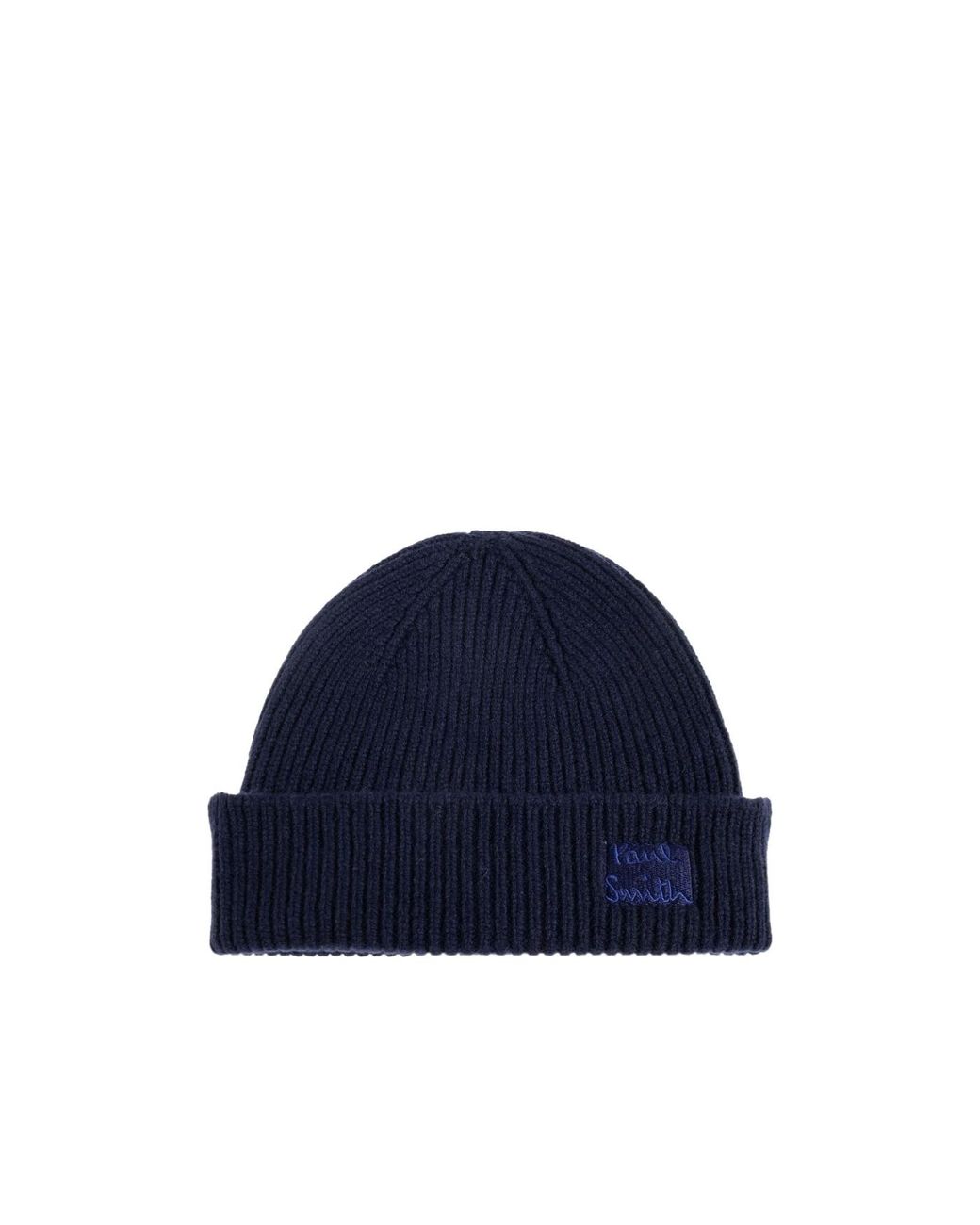 Paul Smith Blue Logo Patch Ribbed Beanie Hat for men