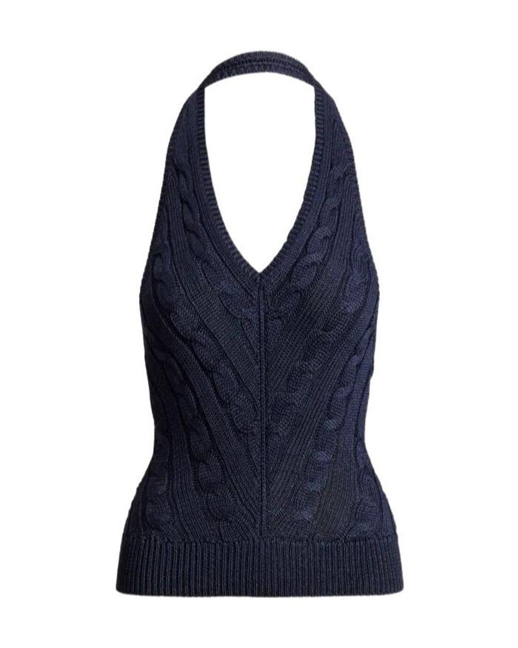 Ralph Lauren Blue Cable-Knit Halterneck Top