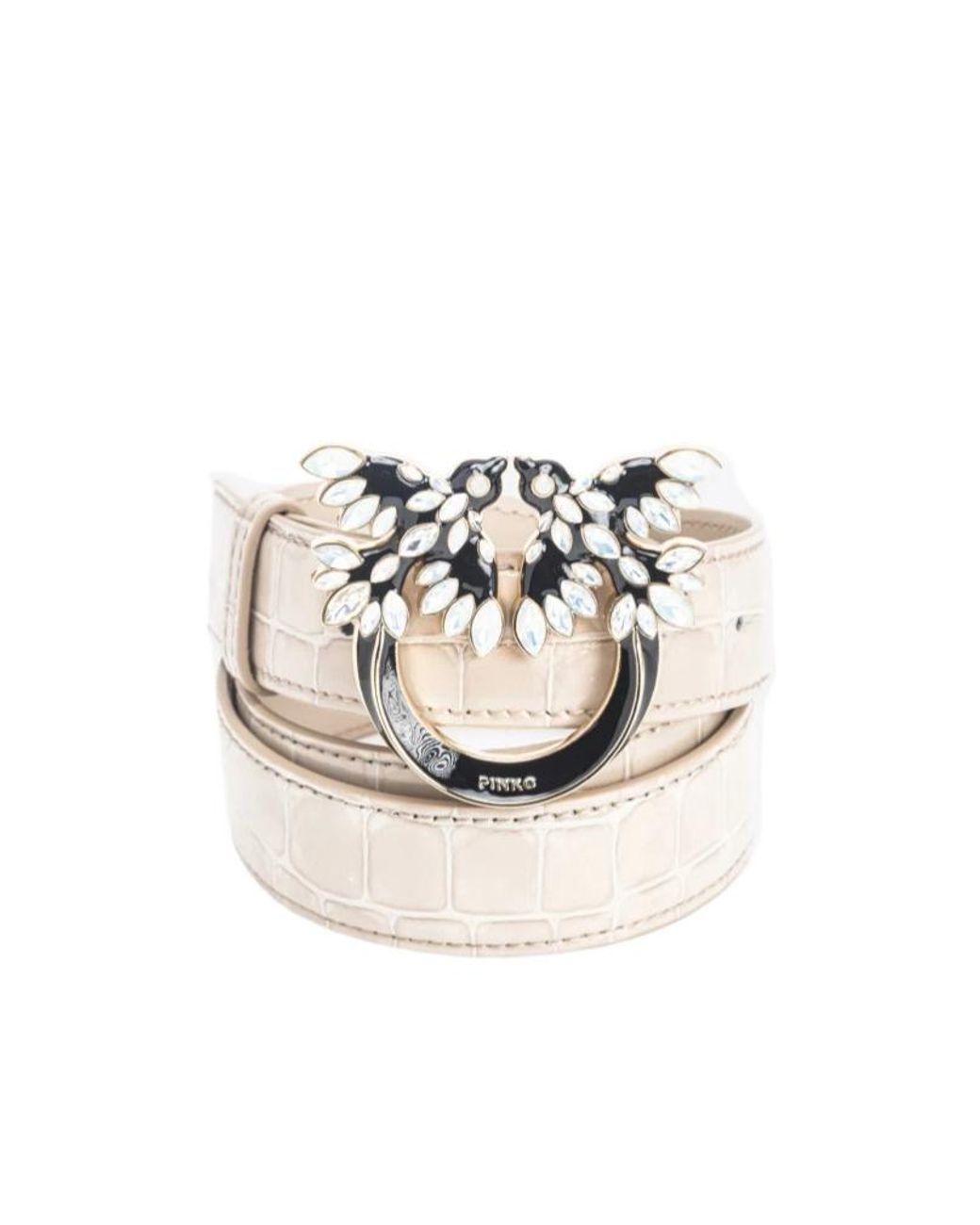 Pinko White Galleria 3Cm Shiny Croc-Print Belt With Love Birds Buckle